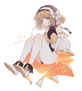  1girl absurdres armor artist_name bare_shoulders black_leotard blush boots bow bracelet breastplate brown_hair closed_mouth commentary_request dated detached_sleeves fiery_clothing frilled_sleeves frills green_eyes hair_bow hairband highres jewelry leia_rolando leotard nancykittyu official_alternate_costume ring short_hair simple_background smile solo tales_of_(series) tales_of_the_rays tales_of_xillia white_background white_boots white_bow white_hairband 