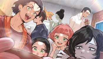  3girls 4boys :o :p bar_guy_(no_i'm_not_a_human) black_eyes black_hair black_shirt blue_shirt blunt_bangs bowl brown_coat can cashier_girl_(no_i'm_not_a_human) cat cat_lady_(no_i'm_not_a_human) closed_mouth coat coat_guy_(no_i'm_not_a_human) collared_shirt cup earrings faceless faceless_male green_eyes hair_bun highres holding holding_bowl holding_can holding_cup indoors jacket jacket_around_neck jewelry little_girl_(no_i'm_not_a_human) looking_at_food medium_hair multiple_boys multiple_girls nekowaka_smore no_i'm_not_a_human open_mouth orange_cat orange_jacket oven_mitts pale_skin parted_bangs protagonist_(no_i'm_not_a_human) red_hair red_shirt refrigerator shirt short_hair single_earring smile stitched_mouth stitches tank_top tongue tongue_out turtleneck turtleneck_shirt white_shirt wireface_(no_i'm_not_a_human) 