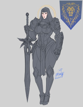  1girl absurdres armor armored_boots blue_eyes boobplate boots breastplate closed_mouth colored_eyelashes commentary english_commentary freckles full_armor full_body gauntlets greatsword greaves grey_background halo heraldry highres holding holding_sword holding_weapon lion looking_at_viewer paladin paladin_(warcraft) pauldrons pelvic_curtain red_lips scar scar_on_face shinda292 shoulder_armor signature simple_background sketch solo standing sword two-handed_sword veil warcraft weapon world_of_warcraft 