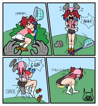 1girl arms_up ass atomic_wedgie bike_shorts bike_shorts_under_skirt black_bike_shorts black_shirt black_shorts black_undershirt blue_gloves blue_sky blush breasts brown_hair bullying bush butt_crack butterfly_net cameltoe clenched_hands clenched_teeth clothes_lift colored_skin comic covered_eyes crouching crying cunt_punt digola disembodied_hand drooling dropped_object ears ears_visible_through_hair feet female_focus fetal_position flat_chest flat_color full_body gloves grass green_eyes hair_between_eyes hair_ribbon hand_net heart heart_print hiding holding holding_butterfly_net holding_weapon hood hood_down hooded_jacket hoodie humiliation jacket jacket_lift knees_to_chest knees_together_feet_apart latex latex_pants latex_shorts legs legs_together legs_up lifting_another's_clothes lifting_person loli looking_up lying medium_hair midriff midriff_peek miniskirt motion_lines multiple_views net object_on_head on_side open_mouth orange_shoes outdoors pain panties panties_on_head pants panty_pull partially_visible_vulva peeing peeing_self petite pink_jacket pink_panties pink_ribbon print_hoodie pulling_another's_clothes punching red_sleeves ribbon saru_getchu sayaka_(saru_getchu) screaming serious shirt shoelaces shoes short_hair short_shorts short_sleeves short_twintails shorts shorts_under_skirt signature simple_background skin_tight skirt skirt_lift sky small_breasts sneakers sneaking socks sound_effects speech_bubble spitting squatting stomach striped_clothes striped_panties striped_socks striped_sweatband sweatband tearing_up tears teeth thighs tiptoes tongue trembling trembling_legs twintails undershirt underwear underwear_on_head unworn_shoes weapon wedgie white_skin white_socks wide_mouth wince