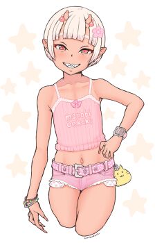  1girl a_kun absurdres belt blush bracelet demon_girl demon_horns denim denim_shorts fangs female_focus fingernails flat_chest flower flower_on_head hair_ornament hairclip highres horns jewelry loli looking_at_viewer mesugaki nail_polish navel original pink_eyes pink_nails pointy_ears short_hair shorts smile solo standing stomach tank_top thighs  rating:Sensitive score:34 user:CunnyInc