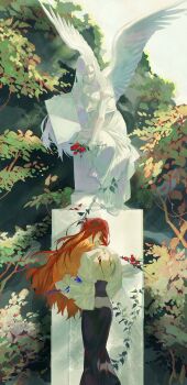  1girl absurdres bleeding blood blouse branch colored_inner_hair commentary day english_commentary feathered_wings flower gost_56 highres holding holding_flower long_hair looking_to_the_side multicolored_hair no_wings open_clothes open_shirt original outdoors pedestal red_hair robe scar scar_on_back shirt sidelighting statue tree very_long_hair white_shirt white_wings wings 