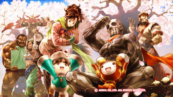  3girls 6+boys allen_snider black_bodysuit bodysuit breasts brown_hair character_request closed_mouth dark-skinned_female dark_skin darun_mister facial_hair fighting_ex_layer food garuda_(arika) gloves highres knitty_(technictix) long_hair multiple_boys multiple_girls muscular muscular_male mustache nanase_(arika) official_art official_wallpaper open_mouth pullum_purna rain_(technictix) sanane shadow_geist skullomania smile street_fighter street_fighter_ex_(series) technictix tree 