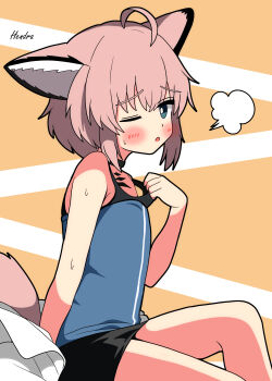  1girl absurdres ahoge animal_ears arknights artist_name black_choker black_skirt blue_eyes blue_vest blush choker commentary_request flat_chest fox_ears fox_girl fox_tail from_side hendra highres looking_at_viewer material_growth miniskirt one_eye_closed open_mouth oripathy_lesion_(arknights) pencil_skirt pink_hair puff_of_air short_hair simple_background sitting skirt solo sussurro_(arknights) tail vest yellow_background 