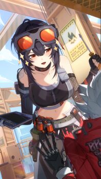  1boy 1girl ahoge arm_pouch asymmetrical_gloves bare_shoulders belt billy_kid black_choker black_gloves black_hair black_pants black_sports_bra breasts choker commentary construction_site crop_top cyborg fishnet_gloves fishnets flying_sweatdrops gloves goggles goggles_on_head grace_howard grey_belt hair_between_eyes hands_up highres holding holding_screwdriver holding_tablet_pc jacket large_breasts long_hair looking_at_another midriff mismatched_gloves navel official_art open_mouth orange_eyes outdoors pants red_jacket screwdriver smile sparkle sports_bra tablet_pc zenless_zone_zero 