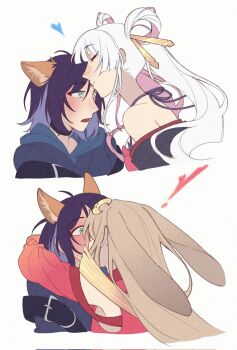  3girls animal_ears arms_around_neck bare_shoulders black_hair blonde_hair blue_hair blush charathegay cho_kaguya-hime! closed_eyes commentary cropped_torso facing_another forehead_jewel full-face_blush green_eyes hair_ornament hair_rings hair_stick halterneck hashtag-only_commentary heart highres kaguya_(cho_kaguya-hime!) kiss kissing_forehead long_sleeves looking_at_another lop_rabbit_ears multicolored_hair multiple_girls open_mouth pink_hair rabbit_ears runami_yachiyo sakayori_iroha two-tone_hair upper_body white_background white_hair yuri 