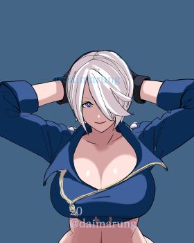  1girl angel_(kof) blue_eyes breasts cleavage curvy daimaru_(s29y2c) daimarung gloves hands_up huge_breasts jacket large_breasts leather looking_at_viewer pale_skin short_hair smile smiley_face the_king_of_fighters thick_thighs thighs white_hair wide_hips  rating:Explicit score:4 user:R212299KOF