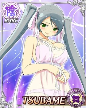  1girl :d blush border bra breasts card_(medium) character_name cleavage game_cg green_eyes grey_hair hair_ribbon large_breasts long_hair looking_at_viewer navel official_art open_mouth panties pink_bra pink_panties pink_ribbon ribbon seductive_smile see-through_lingerie senran_kagura senran_kagura_new_wave skindentation smile solo swept_bangs third-party_source tsubame_(senran_kagura) twintails underwear very_long_hair white_negligee 