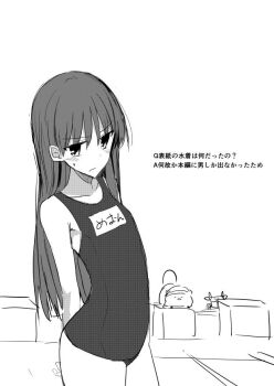 1girl arms_behind_back blush check_translation closed_mouth collarbone commentary_request cowboy_shot embarrassed flat_chest greyscale hair_between_eyes hako_roku jitome long_hair makai_gacha_wa_kyou_mo_shibui meon monochrome name_tag one-piece_swimsuit school_swimsuit simple_background sketch solo standing sweat swimsuit tanuki thighs translation_request wavy_mouth wince