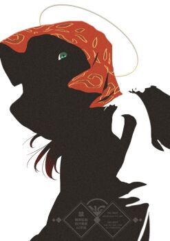  1boy commentary_request eyes_in_shadow face_in_shadow green_eyes greyscale halo high_contrast hood hood_up lauren_iroas looking_at_viewer male_focus monochrome nijisanji obscured partially_colored pogatyb print_hood red_hair red_hood simple_background solo traditional_halo vcr_gta virtual_youtuber watermark white_background yellow_halo 