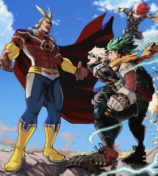  4boys absurdres bakugou_katsuki battle blonde_hair blue_bodysuit bodysuit boku_no_hero_academia boku_no_hero_academia:_you're_next cape dark_might grey_hair highres hiro_illust11 male_focus midoriya_izuku multicolored_hair multiple_boys red_cape red_hair short_hair todoroki_shoto two-tone_hair 