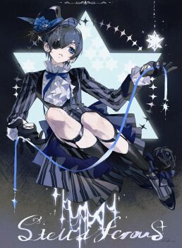  1boy ascot back_bow blaaaaaberry black_flower black_gloves black_hair black_hat black_rose black_shoes black_socks blue_eyes blue_ribbon bow ciel_phantomhive collared_shirt earrings eyepatch floating_hair flower full_body gloves hair_between_eyes hat highres jacket jewelry kuroshitsuji male_focus neck_ribbon parted_lips ribbon rose shirt shoes shorts socks solo striped_clothes striped_jacket striped_shorts top_hat vest waistcoat white_ascot white_shirt 