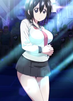  1girl anime_coloring anime_screenshot black_skirt blood_lad breasts highres large_breasts miniskirt non-web_source pleated_skirt school_uniform short_hair skirt stitched thick_thighs thighs third-party_edit yanagi_fuyumi 