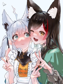  2girls ahoge animal_ear_fluff animal_ears aqua_eyes black_hair blush braid fox_ears fox_girl hair_between_eyes highres hololive hololive_gamers long_hair looking_at_viewer multicolored_hair multiple_girls ookami_mio open_mouth red_streaks shirakami_fubuki simple_background streaked_hair torokko virtual_youtuber white_hair wolf_ears wolf_girl yellow_eyes 