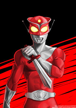 1boy abs absurdres alien belt black_background collarbone colored_skin commentary compound_eyes english_commentary forehead_jewel gem giant giant_male gloves glowing glowing_eyes hand_up highres holding holding_sword holding_weapon looking_at_viewer male_focus mask mixed-language_commentary multicolored_skin neo_phantom no_pupils pectorals pixiv_username red_background red_knife red_mask red_skin reddit_username redman redman_(character) scribble_background silver_belt silver_gloves silver_skin solo standing straight-on sword tokusatsu toned toned_male two-tone_background two-tone_skin upper_body weapon yellow_eyes yellow_gem