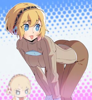  1girl absurdres aigis_(persona) alternate_costume android ass blonde_hair blue_eyes brown_pants brown_sweater chibi cleavage_cutout clothing_cutout gjh hairband highres long_sleeves pants persona persona_3 ribbed_sweater robot_ears short_hair sweater tongue tongue_out turtleneck turtleneck_sweater 