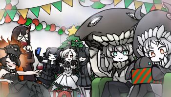  6+girls abyssal_ship alcohol battleship_water_oni black_hair box christmas christmas_tree commission couch cup demon_horns drinking drinking_glass enemy_lifebuoy_(kancolle) gift gift_box green_eyes hamu_koutarou holding holding_phone horns i-class_destroyer kantai_collection light_cruiser_oni light_cruiser_princess multiple_girls new_light_cruiser_princess new_mass-produced_aircraft_carrier_princess orange_eyes pale_skin phone pixiv_commission standard_battleship_princess stuffed_toy white_hair wine wine_glass wo-class_aircraft_carrier 