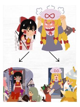  6+girls ahoge angry angry_boss_with_happy_family_irasutoyas_(meme) animal_ear_fluff animal_ears apron ascot bat_wings black_hair black_hat blonde_hair bow brown_hair cat_ears cat_tail chen collage collared_shirt commentary_request curly_hair detached_sleeves disembodied_eye dog_girl doorway dress fingernails fox_girl fox_tail from_behind gap_(touhou) gohei gourd green_tabard hair_bow hair_bun hakurei_reimu hands_up hat hat_tassel head_steam highres hitodama holding holding_gohei holding_gourd horn_bow horn_ornament horns houjuu_nue ibaraki_kasen ibuki_suika iwakoo kirisame_marisa kitsune komano_aunn long_hair looking_at_another medium_hair meme midriff mob_cap multiple_girls night ofuda ofuda_on_clothes orange_hair out_of_frame pink_hair puffy_short_sleeves puffy_sleeves purple_bow purple_dress red_bow red_nails red_shirt red_vest red_wings remilia_scarlet ribbon-trimmed_sleeves ribbon_trim scolding sharp_fingernails sharp_teeth shirt short_sleeves single_horn sleeveless sleeveless_shirt smile star_(sky) straight-on tabard tail tail_wagging teeth turn_pale upside-down vest white_dress white_shirt white_sleeves wings witch_hat yakumo_ran yakumo_yukari yellow_ascot 