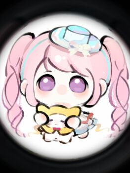  1girl =_= absurdly_long_hair animal barefoot black_border blue_hairband blue_hat border bow bowtie cat chibi chinese_commentary cloak clothed_animal commentary_request dance_till_dawn_(infinity_nikki) dress drill_hair ear_covers fengmi_youzi_hua frilled_dress frills hairband hat hat_bow highres holding holding_animal holding_cat hood hood_up hooded_cloak infinity_nikki light_blush light_particles lolita_fashion long_dress long_hair looking_at_viewer mini_hat mini_top_hat momo_(nikki) navel nikki_(series) no_mouth official_alternate_color pink_hair pleated_dress purple_eyes red_bow red_bowtie round_border standing top_hat traditional_bowtie twin_drills twintails very_long_hair vignetting whiskers white_background white_bow white_cat white_dress yellow_cloak 