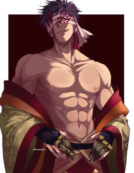  1boy abs artist_name black_hair blindfold border claw_(weapon) collarbone commentary covered_eyes earrings facial_mark hashtag-only_commentary highres jewelry kanaade male_focus multicolored_hair muscular muscular_male navel nipples outside_border pectorals qin_shi_huang_(shuumatsu_no_valkyrie) short_hair shuumatsu_no_valkyrie smile solo streaked_hair symbol-only_commentary tassel twitter_username upper_body weapon white_border 