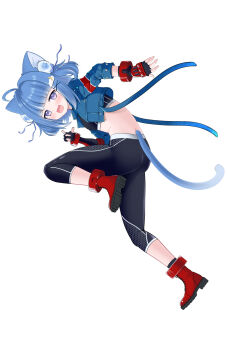  1girl :3 :d absurdres ahoge animal_ears ass black_bra black_gloves black_leggings blue_hair blue_jacket blunt_bangs blush bra cammy_white cammy_white_(cosplay) cat_ears cat_girl cat_tail cloud_hair_ornament commentary_request cosplay cropped_jacket denim denim_jacket fingerless_gloves full_body gloves hair_intakes hair_ornament highres indie_virtual_youtuber jacket kurageu_roa leg_up leggings long_sleeves looking_at_viewer open_mouth outline purple_eyes red_shorts short_hair shorts simple_background smile solo standing standing_on_one_leg street_fighter street_fighter_6 tail twisted_torso underwear white_background x_hair_ornament yappy_(yapis_company) 