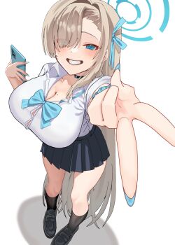  1girl asuna_(blue_archive) asuna_(school_uniform)_(blue_archive) black_shoes black_skirt black_socks blonde_hair blue_archive blue_bow blue_bowtie blue_eyes blue_halo blush bow bowtie breasts choker cleavage collarbone eyes_visible_through_hair grin hair_over_one_eye halo highres holding holding_phone large_breasts long_hair looking_at_viewer mole mole_on_breast nekucham phone pleated_skirt scrunchie shirt shoes skirt sleeves_rolled_up smile socks solo thighs v very_long_hair white_shirt wrist_scrunchie 