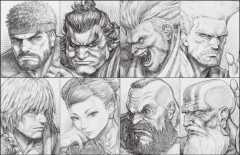  1girl 6+boys beard blanka bracelet capcom chinese_clothes chun-li commentary_request crosshatching double_bun e._honda earrings facepaint facial_hair fighting_stance goatee greyscale guile hair_bun hands_up hatching_(texture) highres jewelry ken_masters kuroneco long_hair looking_to_the_side male_focus mature_male mohawk monochrome multiple_boys muscular muscular_male mustache_stubble official_alternate_costume open_mouth pectoral_cleavage pectorals ryu_(street_fighter) short_hair signature solo sparse_stubble spiked_bracelet spikes street_fighter stubble sumo thick_eyebrows upper_body zangief 