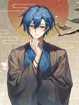  1boy black_kimono blue_eyeliner blue_eyes blue_hair blue_kimono blue_nails blush bracelet commentary expressionless eyeliner hair_between_eyes hair_ornament hairclip hand_on_own_chin hand_on_own_face highres japanese_clothes jewelry kaito_(vocaloid) kazemi_arashi kimono long_sleeves looking_at_viewer makeup male_focus short_hair simple_background upper_body vocaloid 