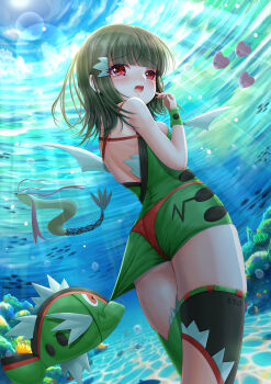 1girl absurdres ass bad_proportions basculin blunt_bangs breasts brown_hair coral fish gen_3_pokemon gen_5_pokemon hair_ornament highres luvdisc medium_hair milotic nintendo outdoors personification pokedex_number pokemon pokemon_(creature) red_eyes small_breasts standing sunlight thighhighs underwater wristband yellow-star-light 