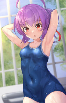  :o ahoge arm_behind_head armpits arms_up blurry blurry_background breasts commentary_request commission competition_school_swimsuit covered_navel hair_ribbon half_updo highres indoors jikkyou_powerful_pro_yakyuu looking_at_viewer pixiv_commission purple_hair red_eyes red_ribbon ribbon rokudou_hijiri school_swimsuit shuten_(shutehaan) small_breasts sweatdrop swimsuit wet window 