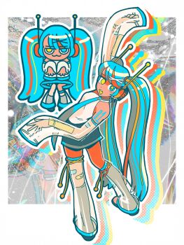  1girl aqua_eyes aqua_hair aqua_necktie arm_up bandaid bandaid_on_arm bandaid_on_leg bare_shoulders bending_backward blonde_hair chibi chibi_inset commentary dark-skinned_female dark_skin detached_sleeves eerieelixir fang from_above from_behind full_body hair_ornament hatsune_miku headphones heterochromia highres long_hair looking_at_viewer looking_back multicolored_hair necktie open_mouth orange_hair radio_antenna see-through_clothes see-through_legwear see-through_sleeves shirt shoulder_tattoo skirt sleeveless sleeveless_shirt sleeves_past_fingers sleeves_past_wrists standing star_(symbol) star_in_eye symbol_in_eye tattoo twintails very_long_hair vocaloid white_shirt x_hair_ornament yellow_eyes 