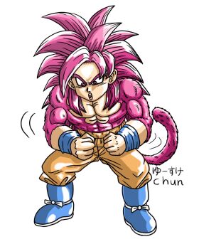  1boy abs blue_boots boots commentary_request dragon_ball dragon_ball_daima flexing full_body highres male_focus monkey_tail muscular muscular_male open_mouth orange_pants pants red_eyes red_fur red_hair signature solo son_goku super_saiyan super_saiyan_4 tail topless_male yusuke_chun 