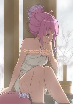  1girl ahoge closed_mouth commentary_request gradient_hair green_eyes hair_bun heterochromia highres himemori_luna hololive kanzaki_hiro knees_together_feet_apart multicolored_hair naked_towel onsen pink_hair purple_eyes purple_hair short_hair_with_long_locks sidelocks single_hair_bun sitting smile soaking_feet solo steam towel virtual_youtuber watermark 