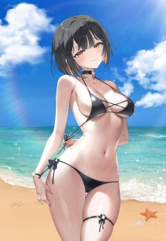  1girl absurdres arm_behind_back bare_arms bare_shoulders beach bikini bikini_pull black_bikini black_choker black_hair breasts choker cleavage closed_mouth clothes_pull cloud colored_inner_hair cowboy_shot day halterneck head_tilt hibiwa highres large_breasts looking_at_viewer multicolored_hair navel orange_eyes orange_hair outdoors pulling_own_clothes short_hair side-tie_bikini_bottom sitry_(vtuber) skindentation smile solo standing stomach strap_gap string_bikini sunlight swimsuit thigh_gap thigh_strap thighs two-tone_hair v-lup virtual_youtuber water wet wristband 