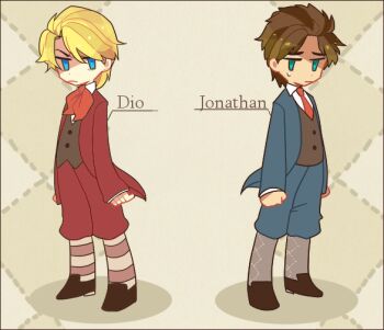  2boys aged_down argyle_clothes argyle_socks ascot blonde_hair blue_eyes breeches brown_hair child commentary_request dio_brando ear_birthmark jojo_no_kimyou_na_bouken jonathan_joestar knickers male_focus multiple_boys necktie phantom_blood red_eyes socks striped_clothes striped_socks sweatdrop tyag53 vest waistcoat 