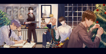  1girl 5boys ^_^ baguette bai_qi_(love_and_producer) basket bead_bracelet beads belt black_border black_hair black_pants black_shirt black_vest blonde_hair blue_eyes blue_pants book border bracelet bread brown_belt brown_hair brown_jacket cabinet cat cellphone chinese_commentary chinese_text christmas christmas_lights christmas_ornaments christmas_sweater christmas_tree closed_eyes closed_mouth collared_shirt commentary_request concentrating contrast_collar cooking couch counter crossed_legs curtains cushion decorating_christmas_tree earrings english_text expressionless feeding feet_out_of_frame food fur-trimmed_jacket fur_trim gift_wrapping green_ribbon grey_shirt hair_between_eyes hanging_light happy_anniversary highres holding holding_pen holding_ribbon holding_tray indoors jacket jewelry jiemuye letterboxed lettuce li_zeyan ling_xiao long_sleeves looking_at_another looking_to_the_side love_and_producer multiple_boys muntins night notebook on_couch open_book open_collar orange_shirt pants partially_unbuttoned pen pencil_case phone photo_(object) profile protagonist_(love_and_producer) purple_hair ribbon ribbon_spool round_table shirt short_hair sideways_glance sitting sleeves_rolled_up smartphone smile spool standing striped_clothes striped_shirt stud_earrings sweater table tray turtleneck turtleneck_sweater undershirt upper_body vegetable vertical-striped_clothes vertical-striped_shirt vest white_cat white_shirt white_sweater window wing_collar wooden_table writing xu_mo yellow_eyes yellow_sweater zhou_quiluo 