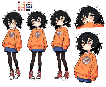  1girl absurdres black_hair blue_skirt commentary english_commentary freckles highres leims_(urje8584) messy_hair multiple_views orange_sweater original pantyhose shoes short_twintails simple_background skirt sweater twintails white_background 
