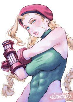  1girl abs bare_shoulders blonde_hair blue_eyes blush braid breasts cammy_white delarocha82 fingerless_gloves gloves hat large_breasts leotard lips scar scar_on_face street_fighter teeth white_background 