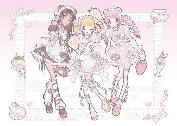  3girls animal_ears animal_hands apron bear_ears blonde_hair bow breasts brown_dress brown_eyes brown_hair brown_shoes cake choco_girl choker claws cleavage cleavage_cutout clothing_cutout color_coordination commentary dress drill_hair english_commentary fake_animal_ears food food-themed_bag fruit gloves hime_lolita invaderdarling lolita_fashion maid maid_headdress multiple_girls neapolitan_palette one_eye_closed original parfait paw_gloves pink_dress pink_eyes pink_hair pink_shoes pudding shoes socks strawberry sweet_lolita thighhighs twin_drills white_apron white_arm_warmers white_socks white_thighhighs 