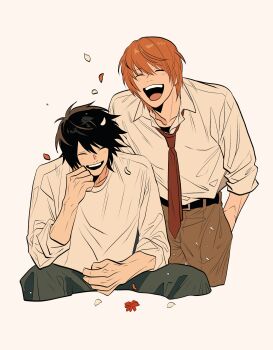  2boys ^_^ belt belt_buckle black_belt black_hair black_pants brown_hair brown_pants buckle closed_eyes collared_shirt commentary_request crew_neck cropped_legs death_note grey_background hagisawayui2 hands_in_pockets highres l_(death_note) male_focus multiple_boys necktie open_collar open_mouth pants parted_bangs red_necktie round_teeth shirt shirt_tucked_in simple_background sitting sleeves_rolled_up smile teeth upper_teeth_only white_shirt wing_collar yagami_light 