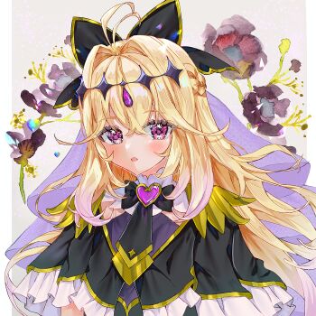  1girl absurdres ahoge black_capelet blonde_hair blush capelet commentary_request cure_arcana_shadow floating_hair flower frilled_capelet frills hair_between_eyes hair_intakes highres isuzu_(an_icy_cat) jewelry long_hair looking_at_viewer meitantei_precure! moria_luluka parted_lips partial_commentary portrait precure purple_eyes 