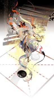  1boy 1girl absurdres arknights black_background black_skirt brown_hair cape chinese_commentary commentary_request dragon_girl dragon_horns dragon_tail earrings fire full_body gradient_background highres horns jacket jewelry jie_(arknights) lantercat looking_at_viewer orange_jacket pointy_ears reflection shirt short_hair skirt tail tassel tassel_earrings wang_(arknights) white_background white_cape white_shirt yellow_eyes 