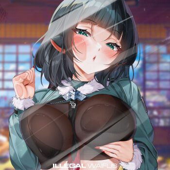  1girl against_glass against_window animal_ears arched_bangs arm_up black_hair black_necktie blurry blurry_background blush breast_hold breasts cleavage copyright_name cropped_jacket eyelashes fingernails grabbing_own_breast green_eyes green_jacket illegalwaifus jacket jane_doe_(zenless_zone_zero) japanese_background large_breasts long_sleeves looking_at_viewer mouse_ears mouse_girl nail_polish necktie pov red_nails self-upload shiny_skin short_hair solo squishing upper_body window window_shadow zenless_zone_zero 