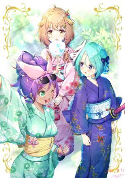  1boy 2025 2girls akizora_mona androgynous aqua_hair blue_sky blush breasts building bush curvy dark-skinned_female dark_skin dated flower flower_on_head grass green_eyes hair_between_eyes hair_bun hair_ornament hakama hand_fan happy highres holding holding_fan japanese_clothes jewelry katana kimono long_hair looking_at_another medium_breasts mole mole_under_eye multiple_girls natsusora_wakana nazuna_harusora novady open_mouth orange_eyes orange_hair original purple_hair ring shiny_skin short_hair sky small_breasts standing sword trap weapon 