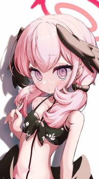  1girl bikini black_bikini black_wings blue_archive blush bow commentary floral_bikini hair_bow halo head_wings highres koharu_(blue_archive) koharu_(swimsuit)_(blue_archive) looking_at_viewer low_wings pink_eyes pink_hair red_halo ringed_eyes shadow solo suwasui swimsuit white_background wings 