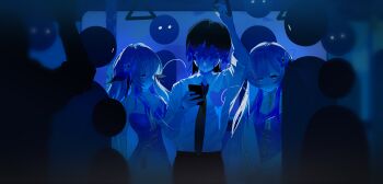  1boy 2girls 6+others absurdres black_hair blue_hair blue_theme cellphone chinese_commentary clone collared_shirt commentary dress expressionless flower grey_hair hair_flower hair_ornament highres isekaijoucho kamitsubaki_studio long_hair looking_at_another multicolored_hair multiple_girls multiple_others necktie paplife phone shirt smartphone train_interior two-tone_hair 