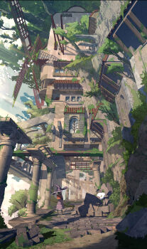  1girl 3d absurdres arch backpack bag bird black_boots boots brown_hair building cliff column commentary_request dress frilled_dress frills from_behind grass hat highres light_rays long_sleeves moss original outdoors overgrown pillar purple_dress purple_hat red_bag rubble ruins scenery short_hair sky staff standing stone_floor sunbeam sunlight tree wide_shot windmill window witch_hat yukunll 