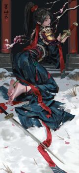  1girl absurdres armor barefoot black_hair black_sash branch chinese_clothes closed_eyes closed_mouth feet hair_ornament highres holding holding_sword holding_weapon jewelry kneeling lipstick long_sleeves makeup mole mole_under_eye original petals ponytail red_lips rock sang_delan sash sheath sheathed shoulder_armor snow soles solo sword toe_ring toes weapon 
