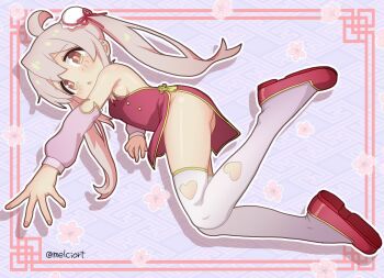  1girl ahoge alternate_costume alternate_hairstyle artist_name ass bare_shoulders blush border breasts brown_eyes bun_cover chinese_clothes clothing_cutout detached_sleeves dress full_body heart_cutout highres legwear_cutout loli long_hair looking_at_viewer melciort onii-chan_wa_oshimai! ornate_border outline oyama_mahiro pink_hair red_dress red_shoes shoes short_dress side_slit simple_background small_breasts solo thighhighs triangle_mouth twintails twitter_username white_outline white_thighhighs 