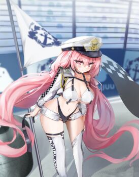  1girl asymmetrical_legwear azur_lane baltimore_(azur_lane) baltimore_(azur_lane)_(cosplay) baltimore_(finish_line_flagbearer)_(azur_lane) bikini breasts choker cleavage commentary_request cosplay flag hat highleg highres jacket large_breasts long_hair long_sleeves navel outdoors peaked_cap perseus_(azur_lane) pink_eyes pink_hair race_flag race_queen shorts swimsuit taisanai thighhighs twintails unused_tire very_long_hair wardrobe_malfunction white_thighhighs 